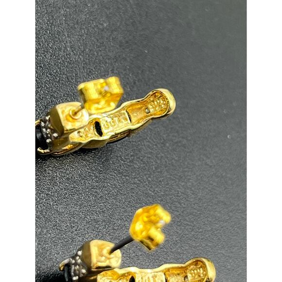 JJT 925 Sterling Vermeil Vintage Blue Topaz Diamond Half Hoop J Post Earrings - Picture 3 of 11